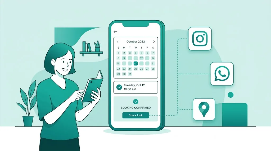Ilustração de um telemóvel a mostrar uma página de marcação online, ligada a ícones de redes sociais e Google Maps