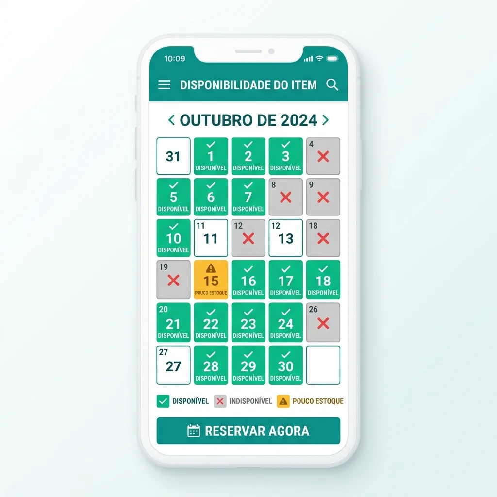 Ecrã de telemóvel a mostrar o calendário de disponibilidade de um item de aluguer, com unidades livres marcadas a verde