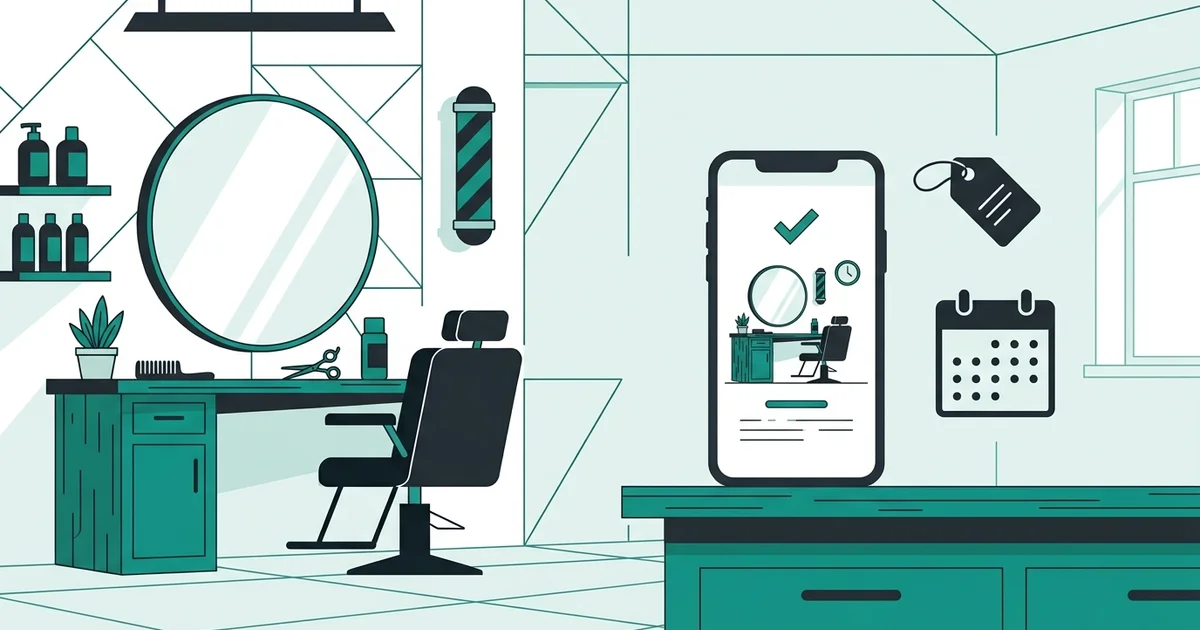 Ilustração de um ícone de preço e um calendário ao lado de um celular com uma confirmação de agendamento